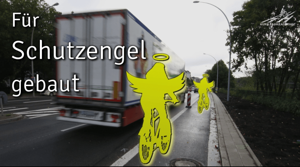 Radfahrende Schutzengel auf Fahrradstreifen neben LKW. Hamburg City, in der Nähe vom Dammtor.